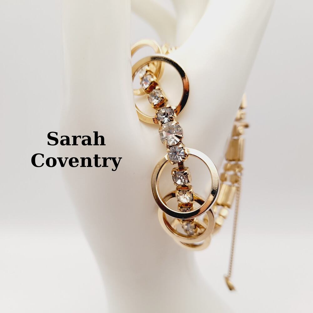 Vintage Sarah Coventry Looped Clear Rhinestone Bracelet – Gold Tone Designer